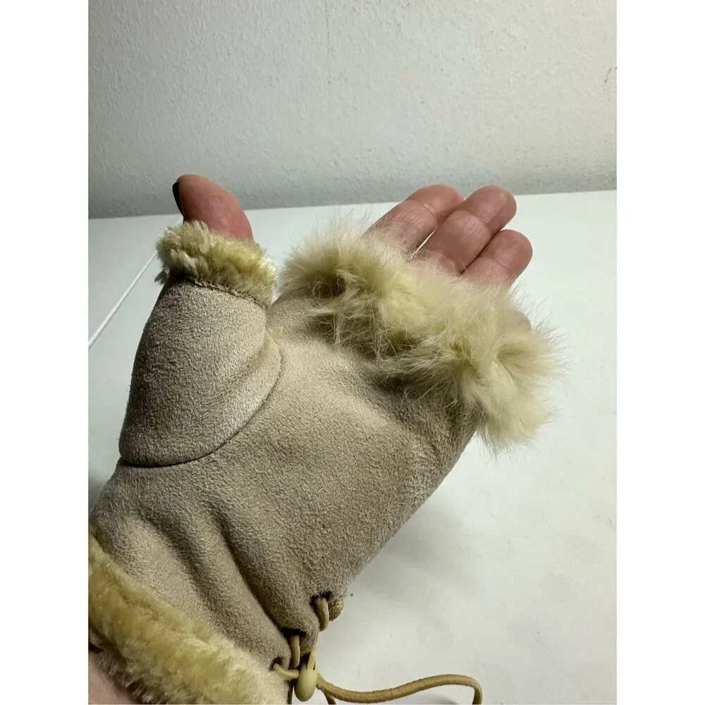 Women’s Faux Suede Fingerless Gloves Tan Beige One Size Rabbit Fur Trim Lace Up